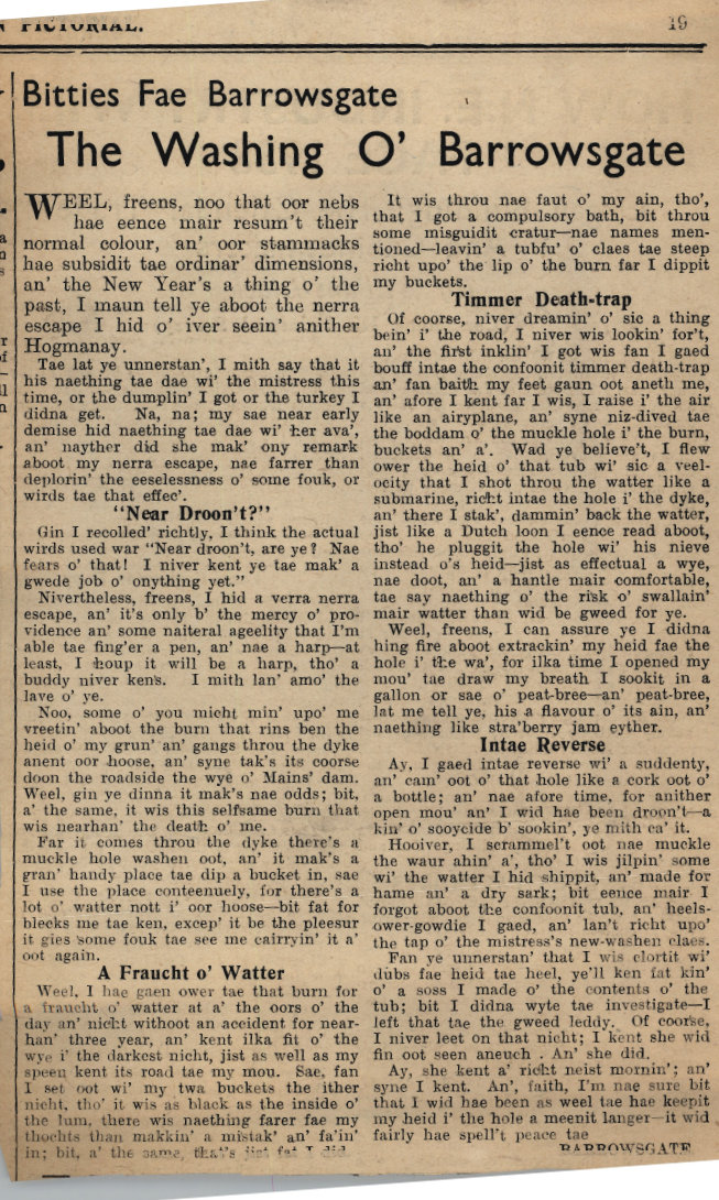 Wry obervations about rural life in north-east Scotland in the 1930s written by Barrowsgate in Doric