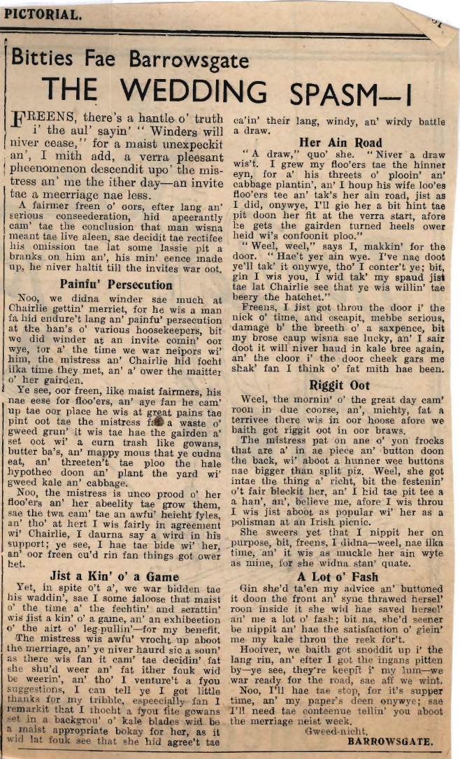 Wry obervations about rural life in north-east Scotland in the 1930s written by Barrowsgate in Doric