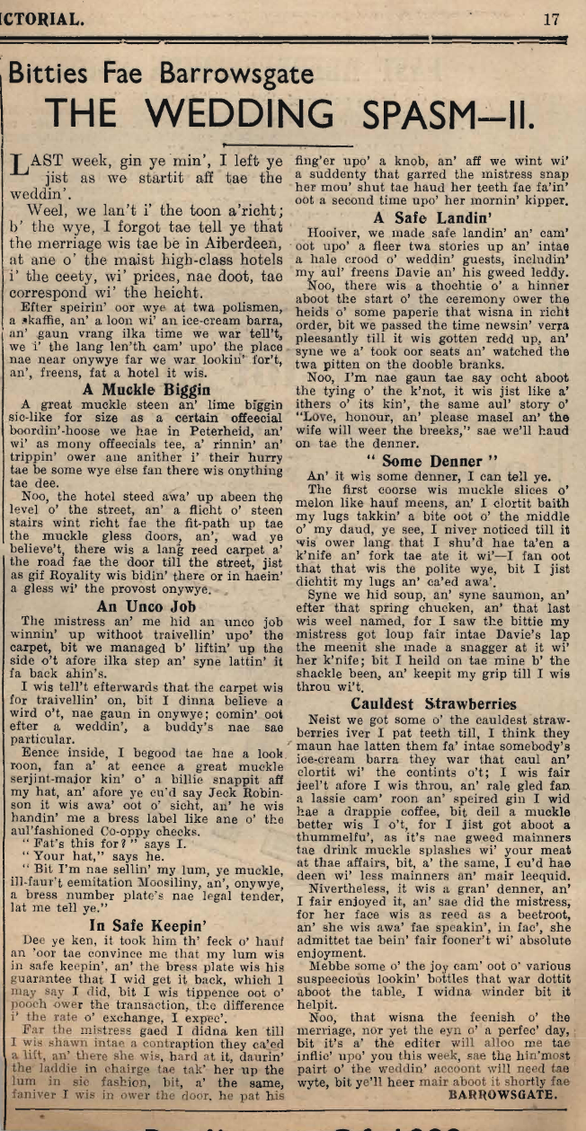 Wry obervations about rural life in north-east Scotland in the 1930s written by Barrowsgate in Doric