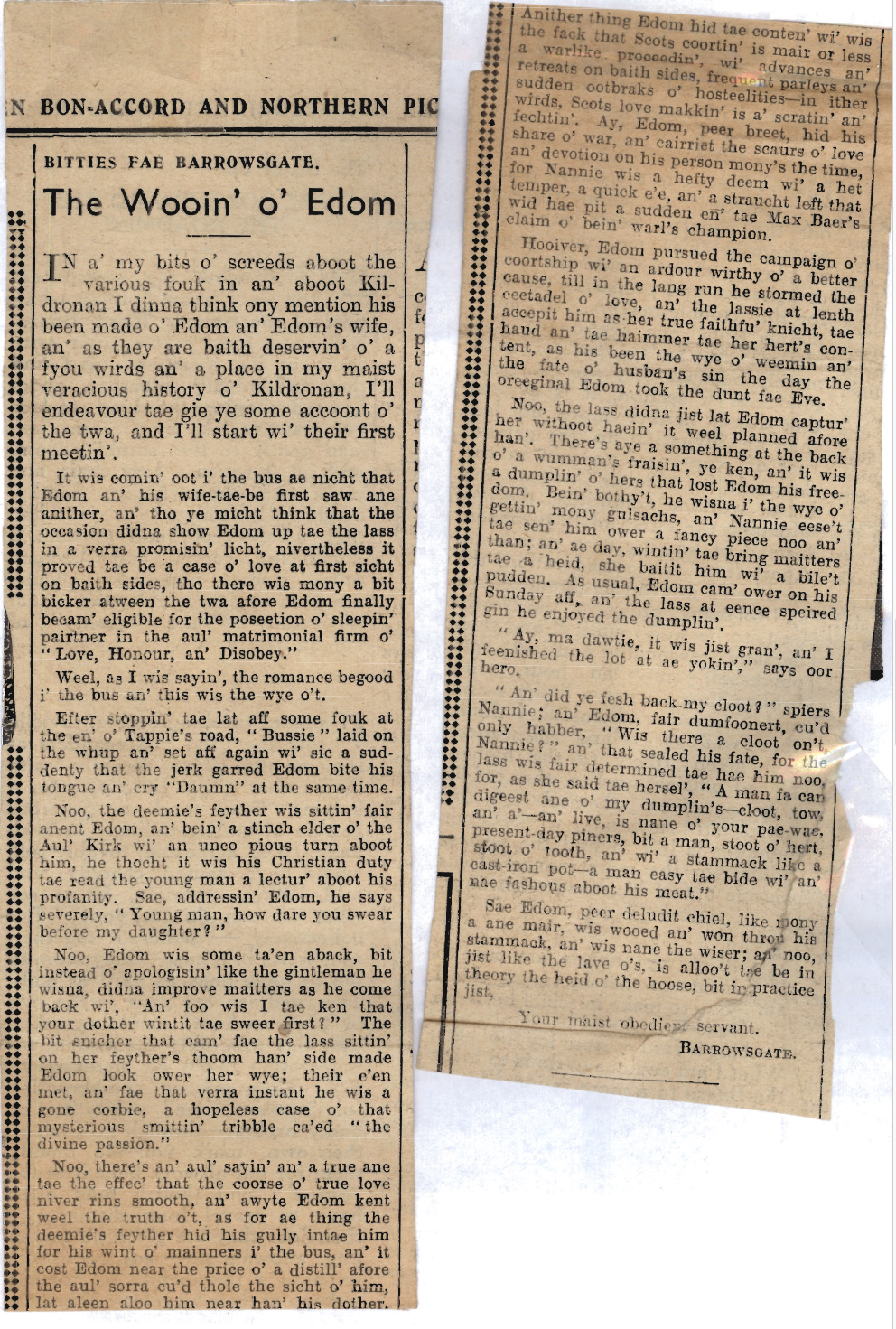 Wry obervations about rural life in north-east Scotland in the 1930s written by Barrowsgate in Doric