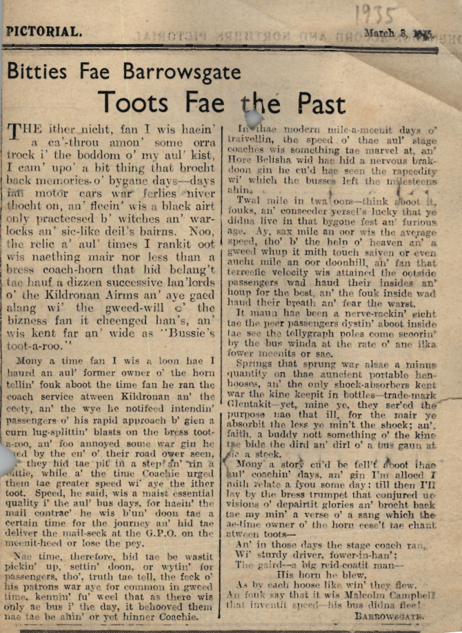 Wry obervations about rural life in north-east Scotland in the 1930s written by Barrowsgate in Doric