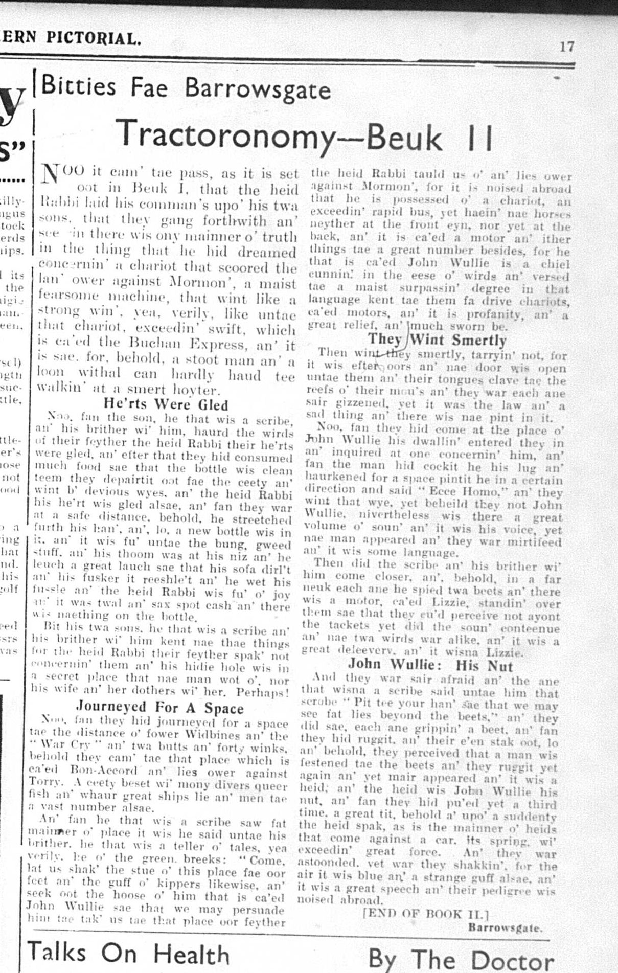 Wry obervations about rural life in north-east Scotland in the 1930s written by Barrowsgate in Doric