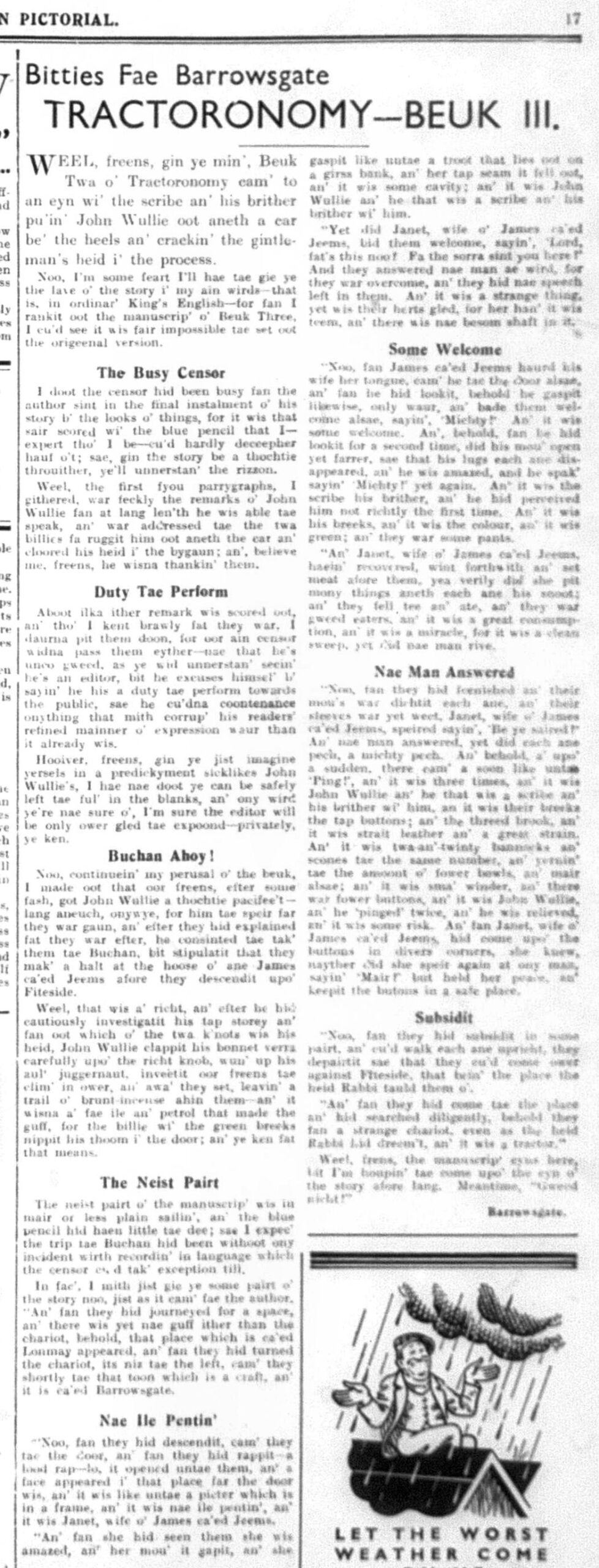 Wry obervations about rural life in north-east Scotland in the 1930s written by Barrowsgate in Doric