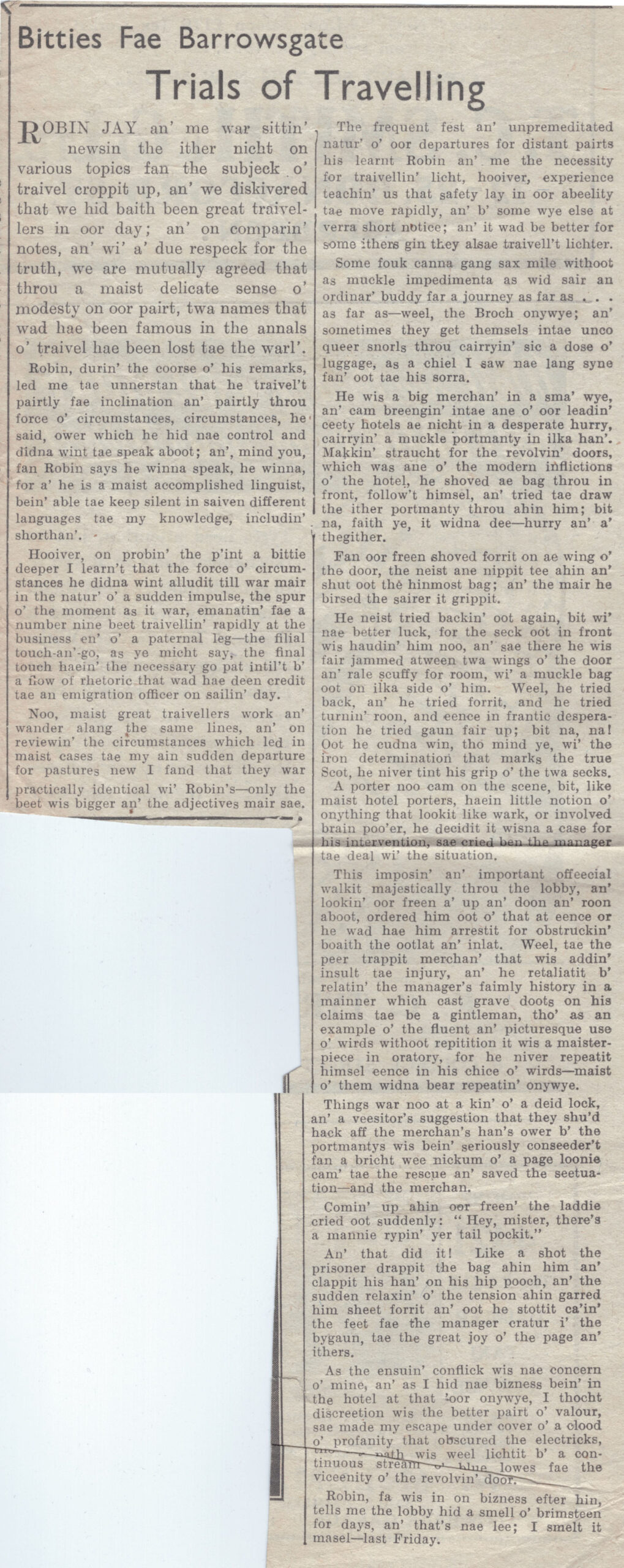 Wry obervations about rural life in north-east Scotland in the 1930s written by Barrowsgate in Doric