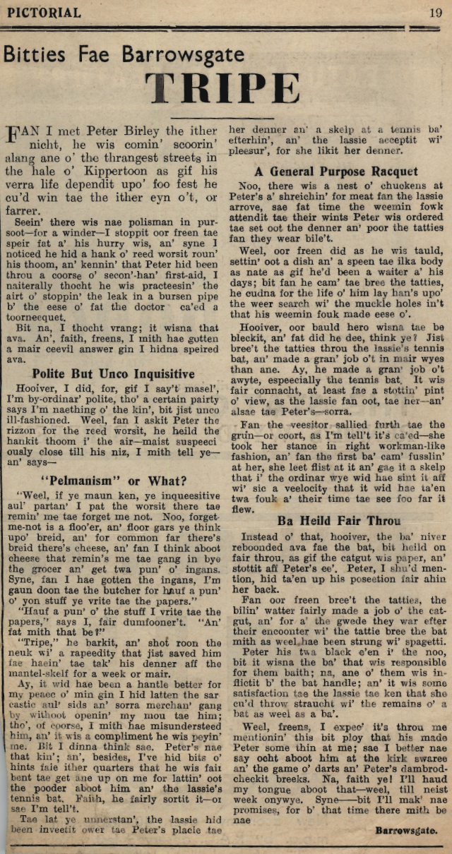Wry obervations about rural life in north-east Scotland in the 1930s written by Barrowsgate in Doric