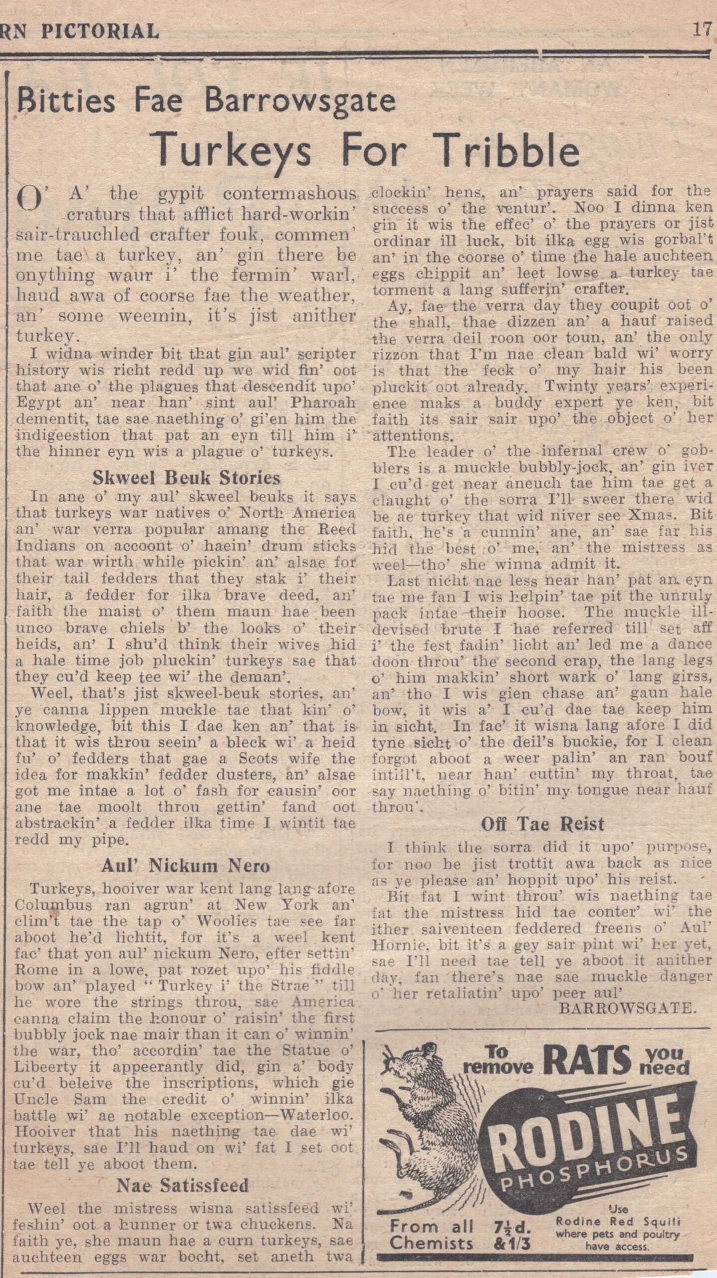 Wry obervations about rural life in north-east Scotland in the 1930s written by Barrowsgate in Doric