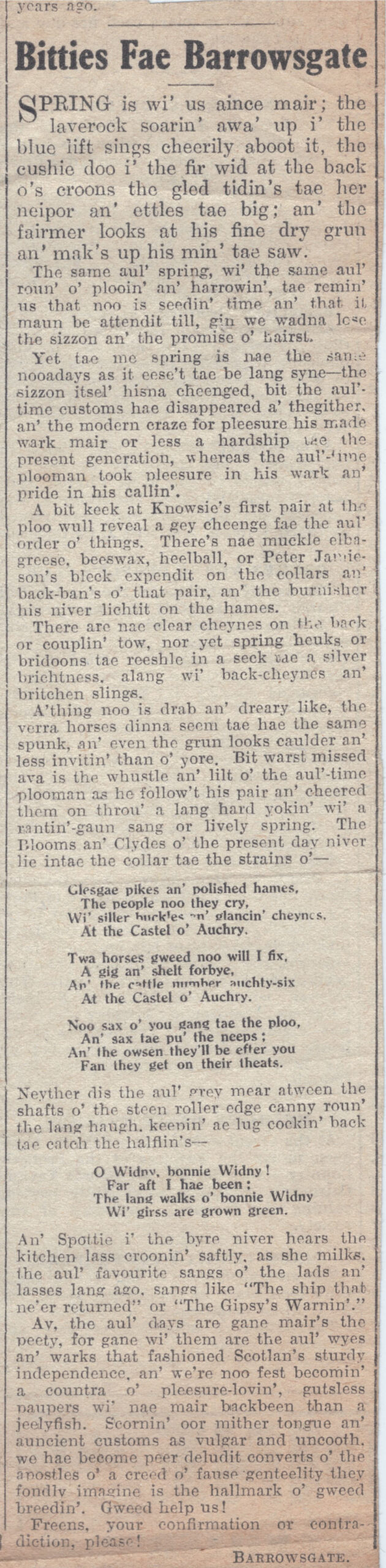 Wry obervations about rural life in north-east Scotland in the 1930s written by Barrowsgate in Doric