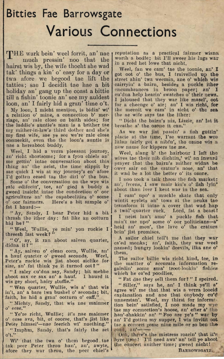 Wry obervations about rural life in north-east Scotland in the 1930s written by Barrowsgate in Doric