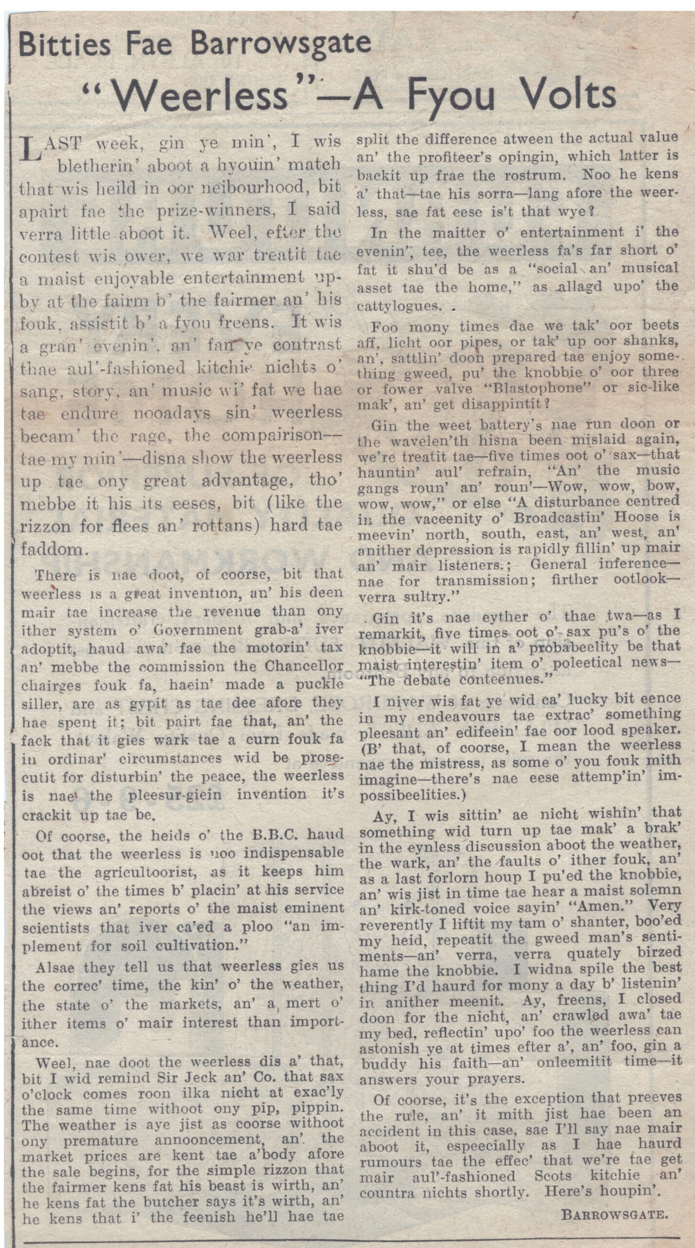 Wry obervations about rural life in north-east Scotland in the 1930s written by Barrowsgate in Doric
