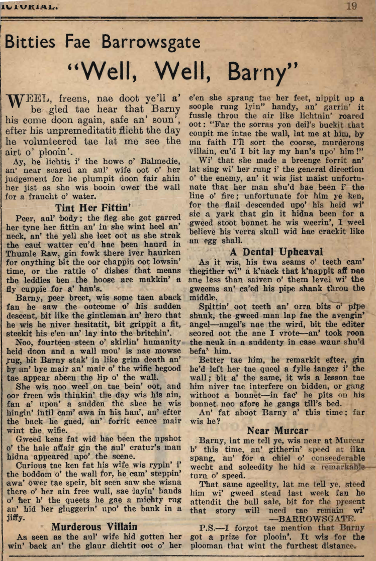 Wry obervations about rural life in north-east Scotland in the 1930s written by Barrowsgate in Doric