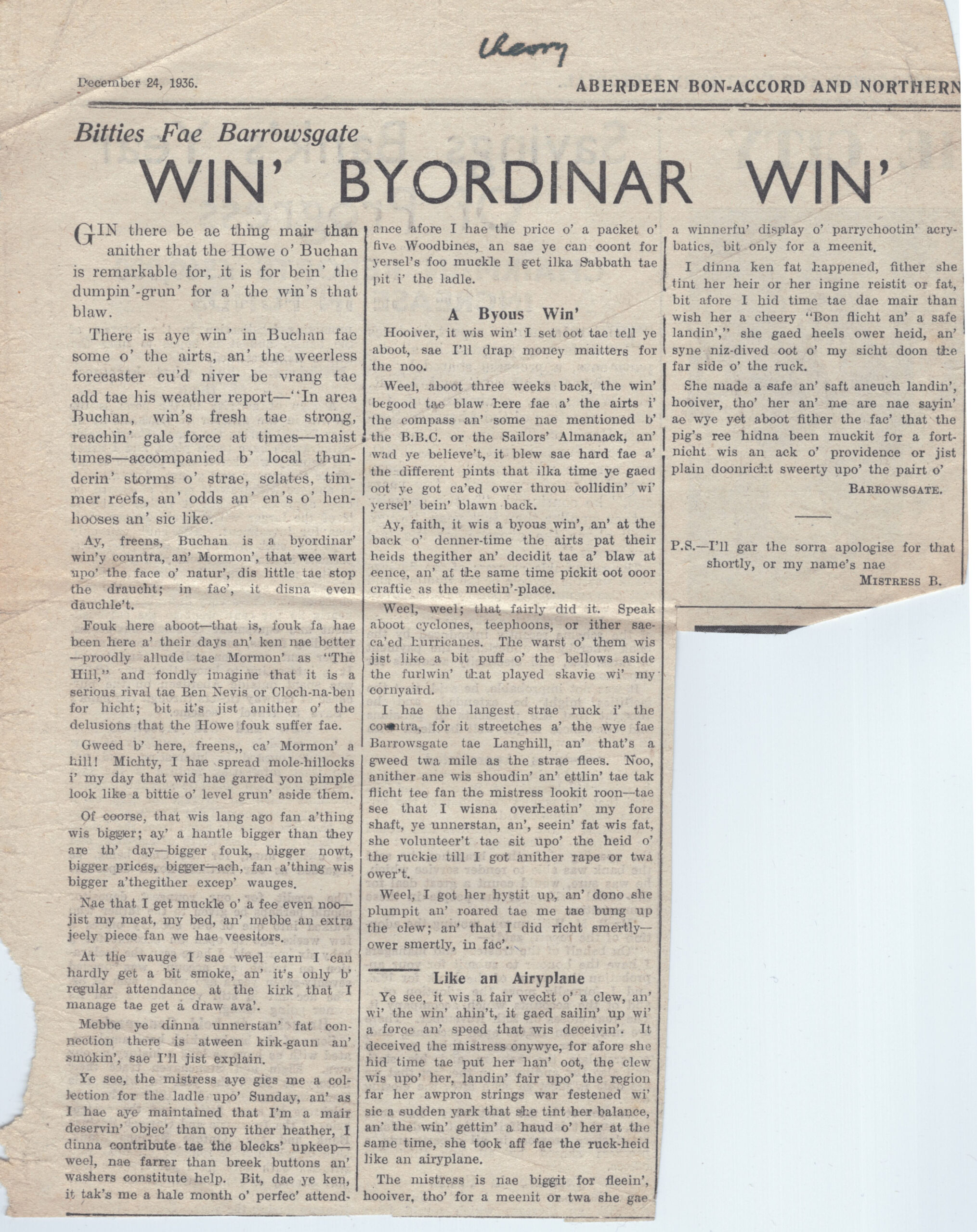 Wry obervations about rural life in north-east Scotland in the 1930s written by Barrowsgate in Doric