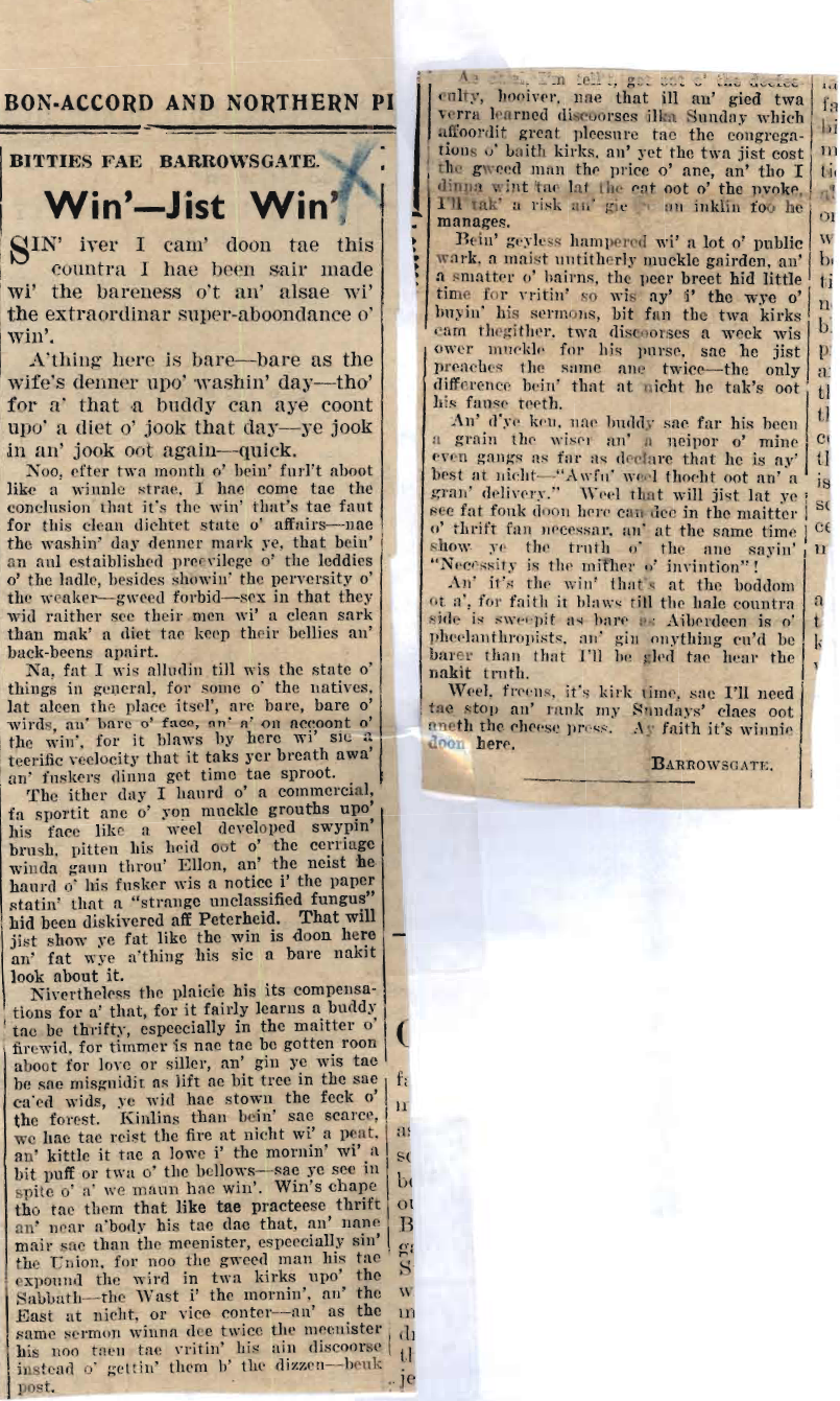Wry obervations about rural life in north-east Scotland in the 1930s written by Barrowsgate in Doric