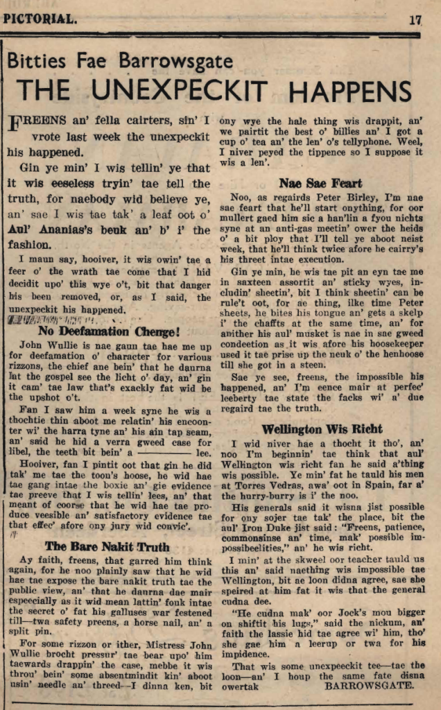 Wry obervations about rural life in north-east Scotland in the 1930s written by Barrowsgate in Doric