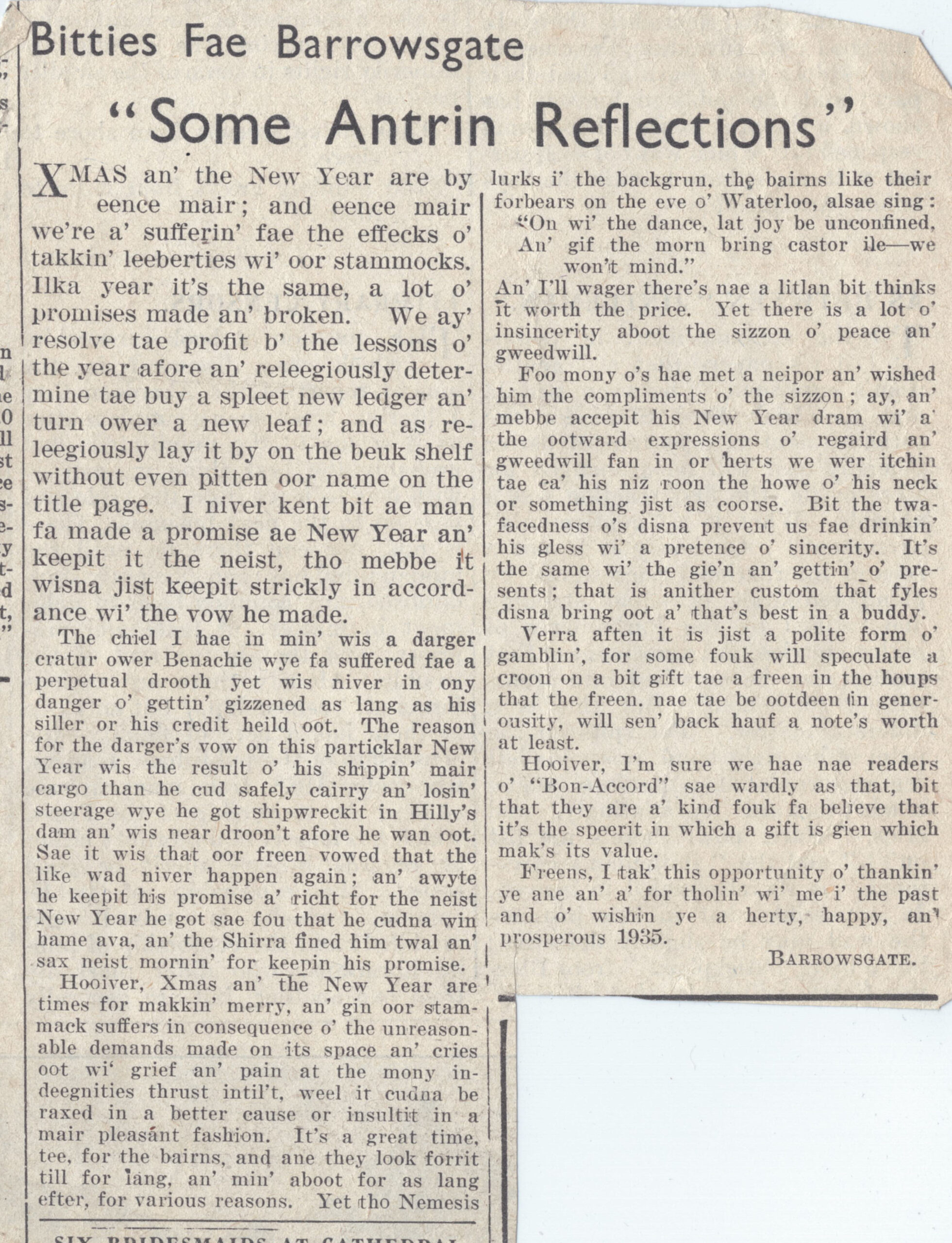 Wry observations of rural life in north-east Scotland written in Doric by Barrowsgate.