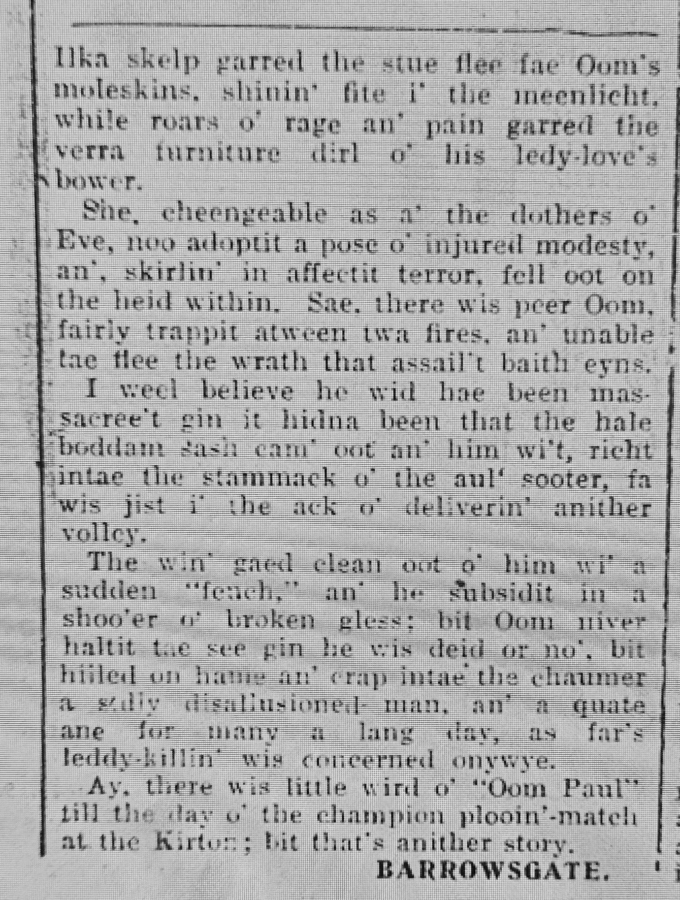 Wry observations of rural life in north-east Scotland written in Doric by Barrowsgate.