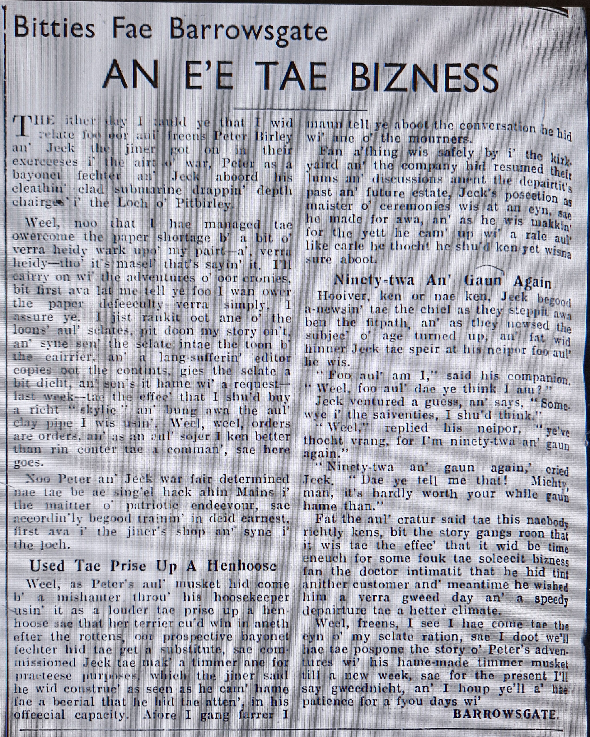Wry observations of rural life in north-east Scotland written in Doric by Barrowsgate.