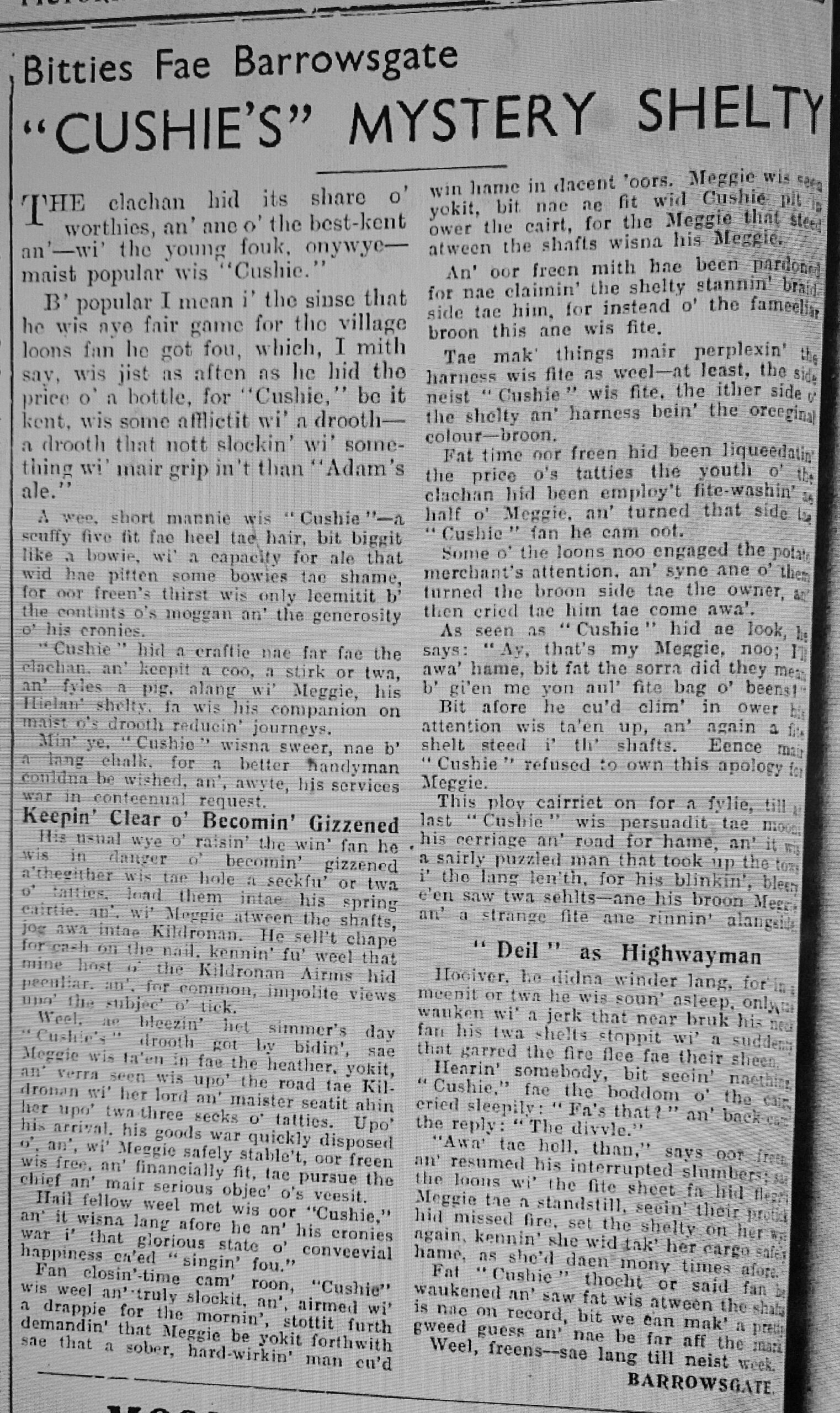 Wry observations of rural life in north-east Scotland written in Doric by Barrowsgate.