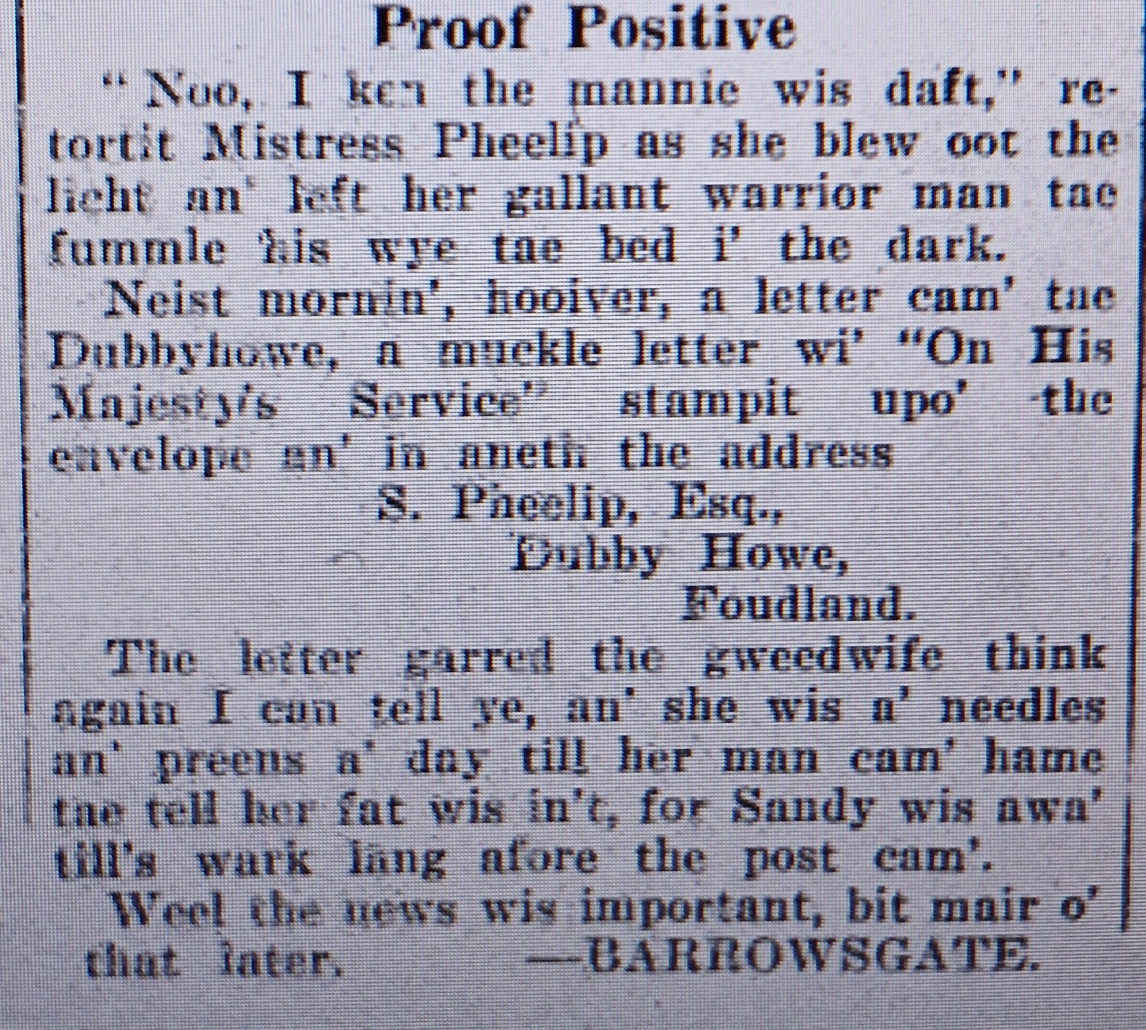 Wry observations of rural life in north-east Scotland written in Doric by Barrowsgate.