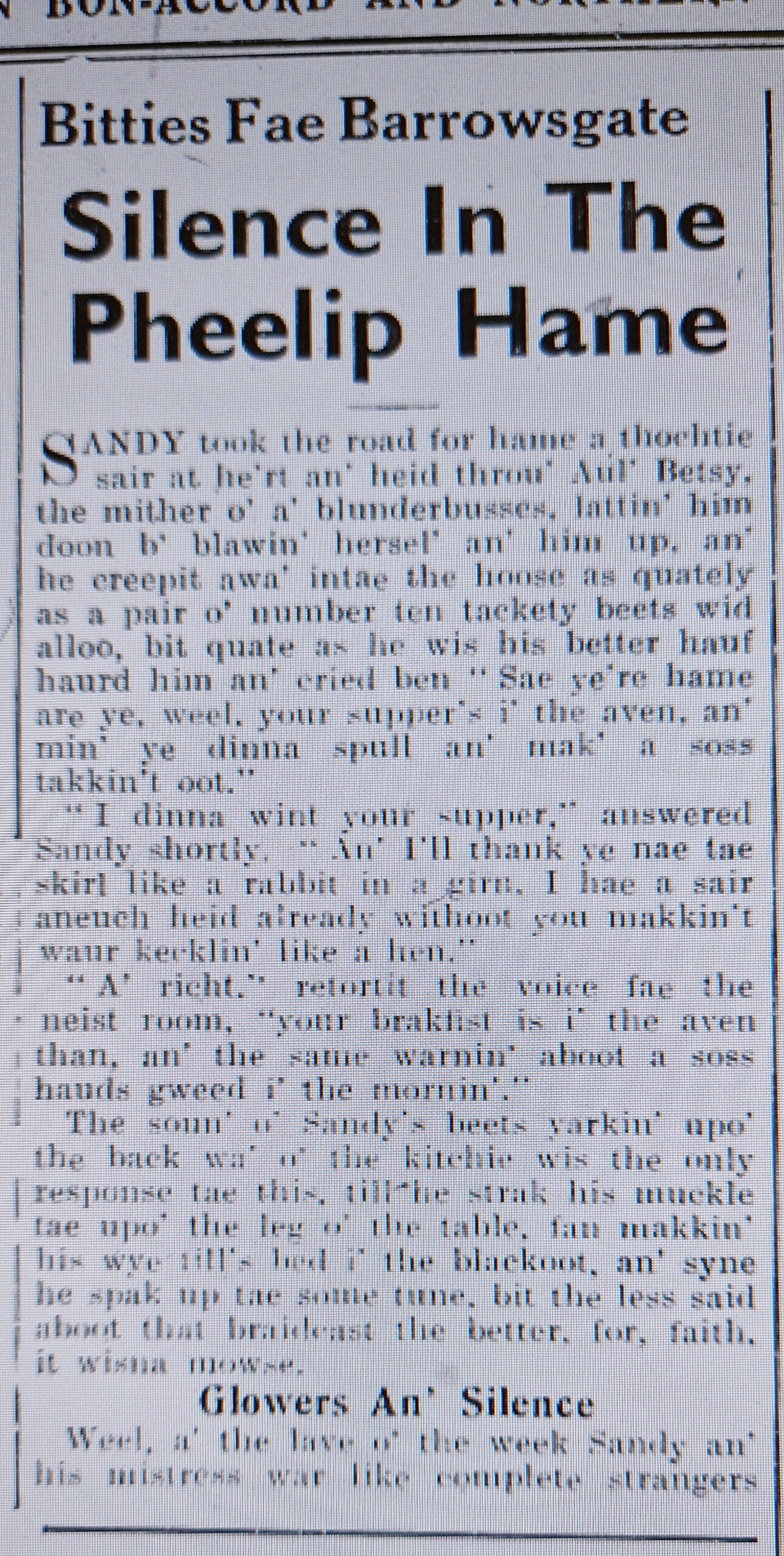 Wry observations of rural life in north-east Scotland written in Doric by Barrowsgate.