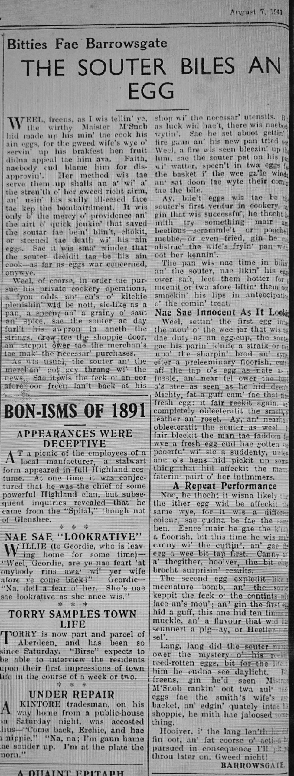 Wry observations of rural life in north-east Scotland written in Doric by Barrowsgate.