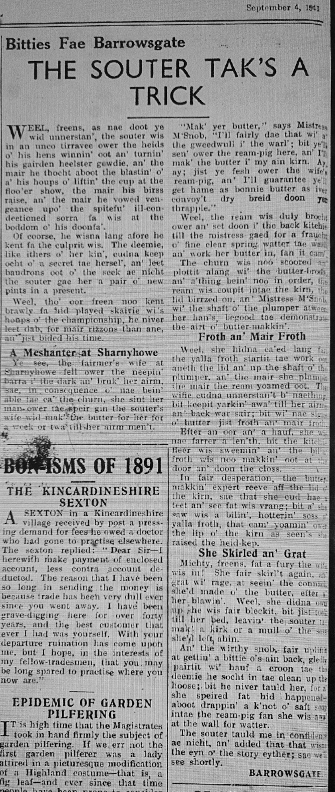 Wry observations of rural life in north-east Scotland written in Doric by Barrowsgate.
