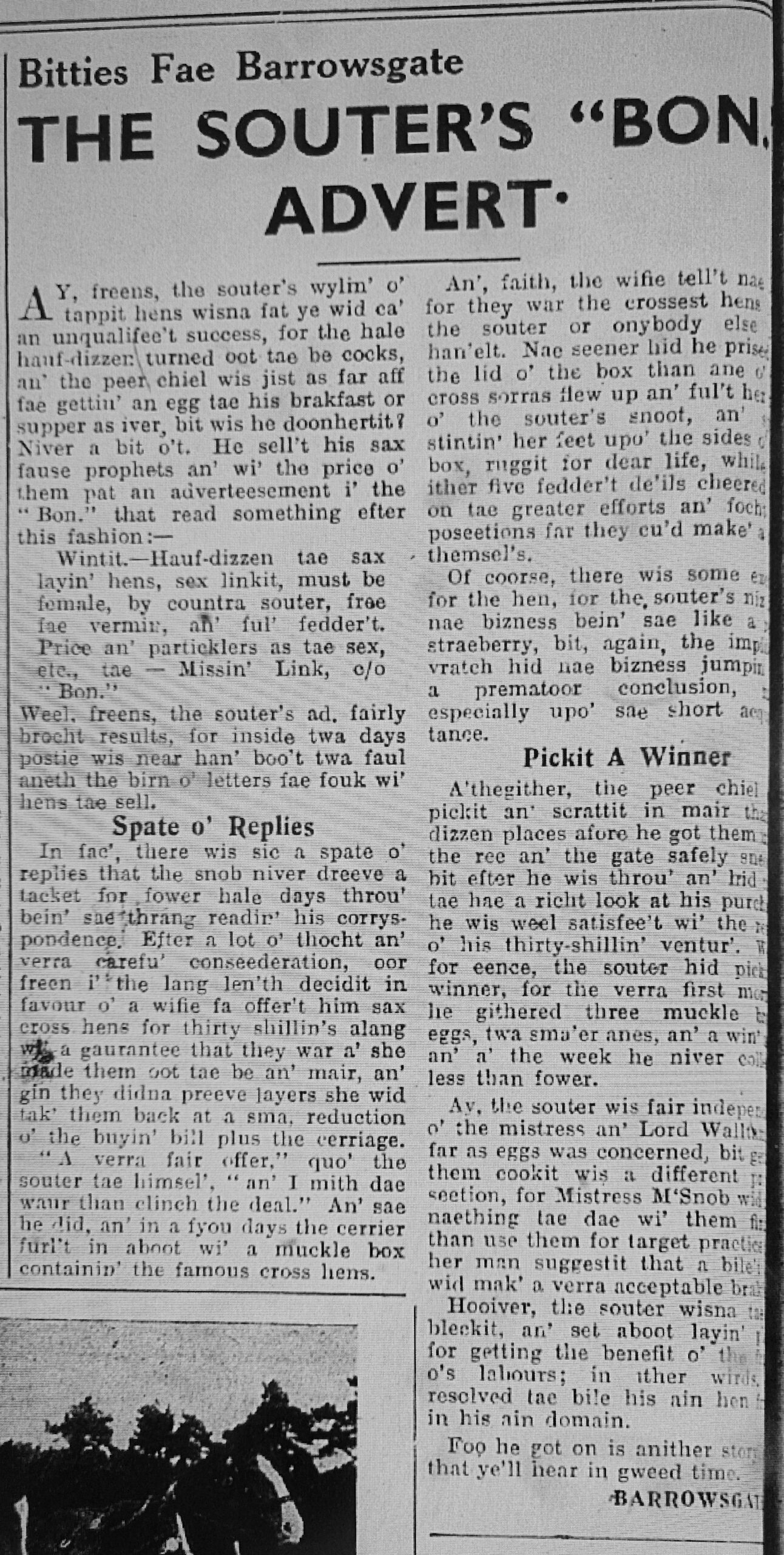 Wry observations of rural life in north-east Scotland written in Doric by Barrowsgate.