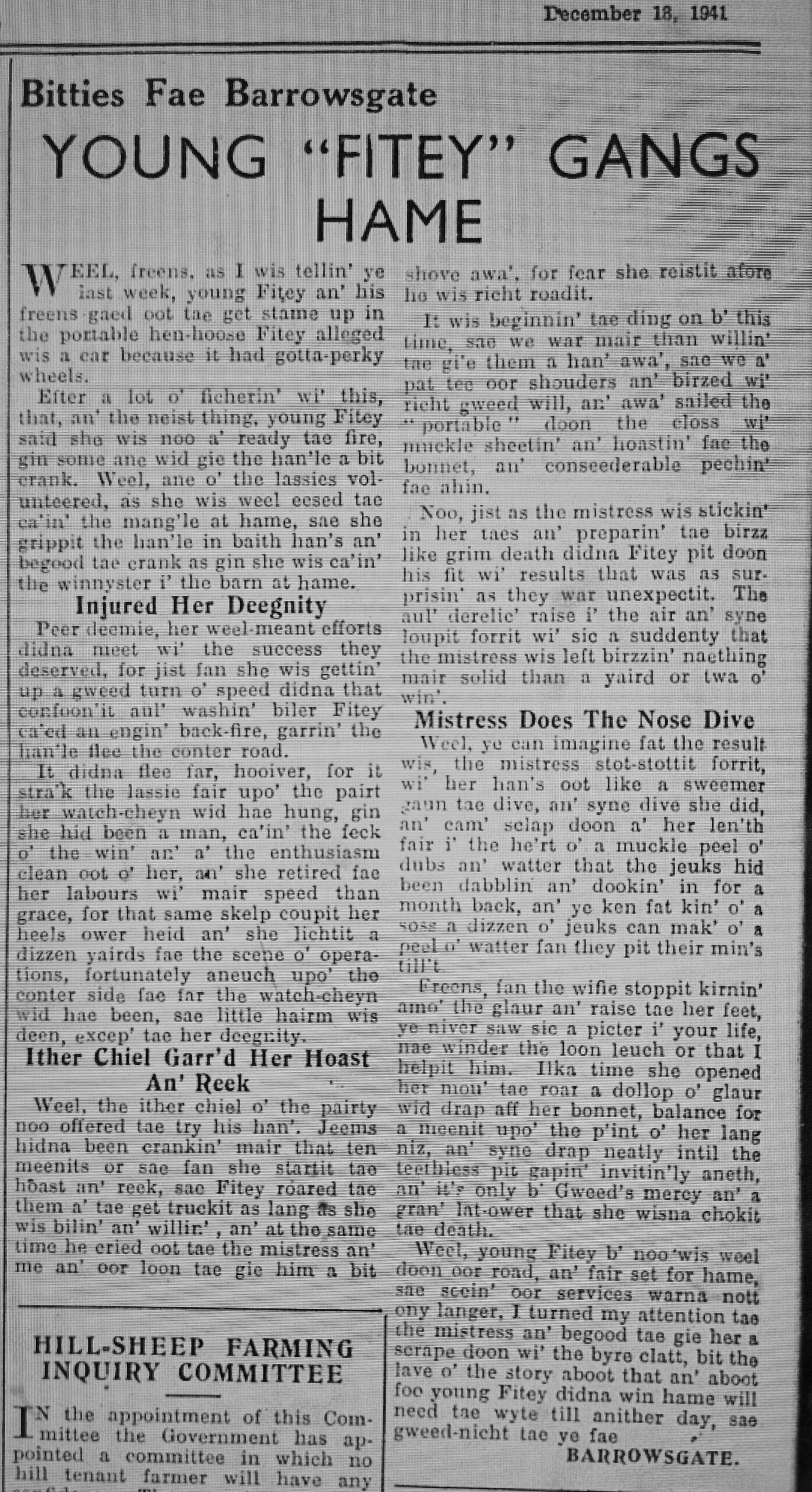 Wry observations of rural life in north-east Scotland written in Doric by Barrowsgate.